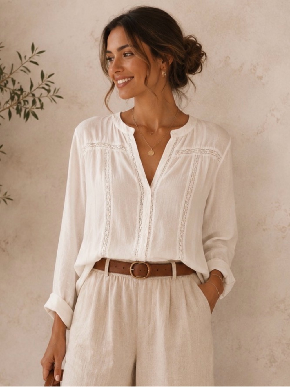 NWT Silk BCBG Off White Lace-Trim V-Neck Blouse